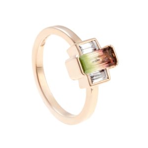 Gold ring with baguette watermelon tourmaline